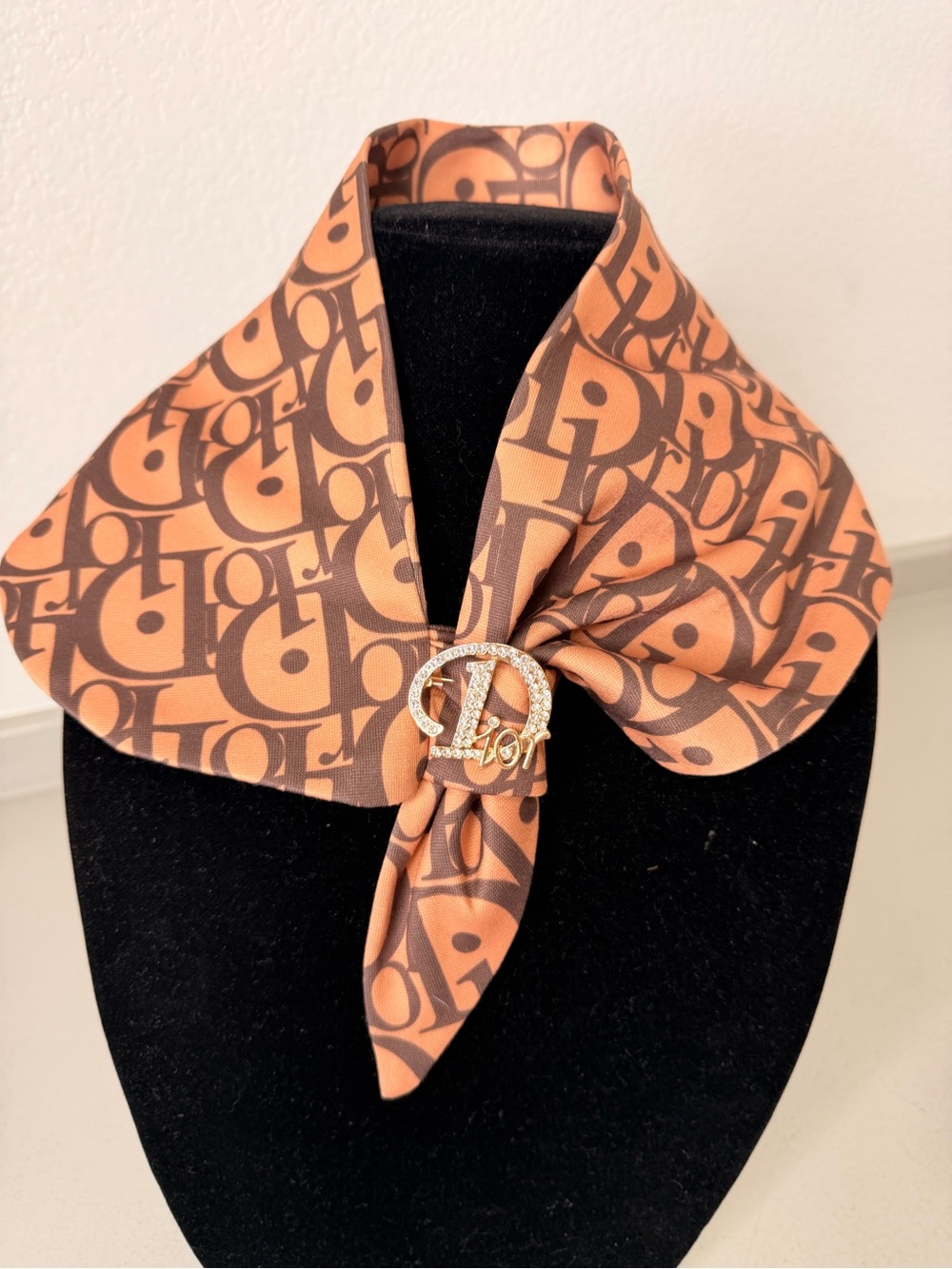 Nice Monogram Silk Scarf with Logo Pin - Brown